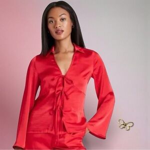 a new day Red Satin Tie Neck Bell Sleeve Blouse Size Medium | NWT